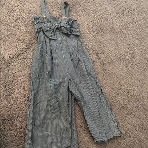 Navy and White Striped Jumpsuit with Button and Bow Detail